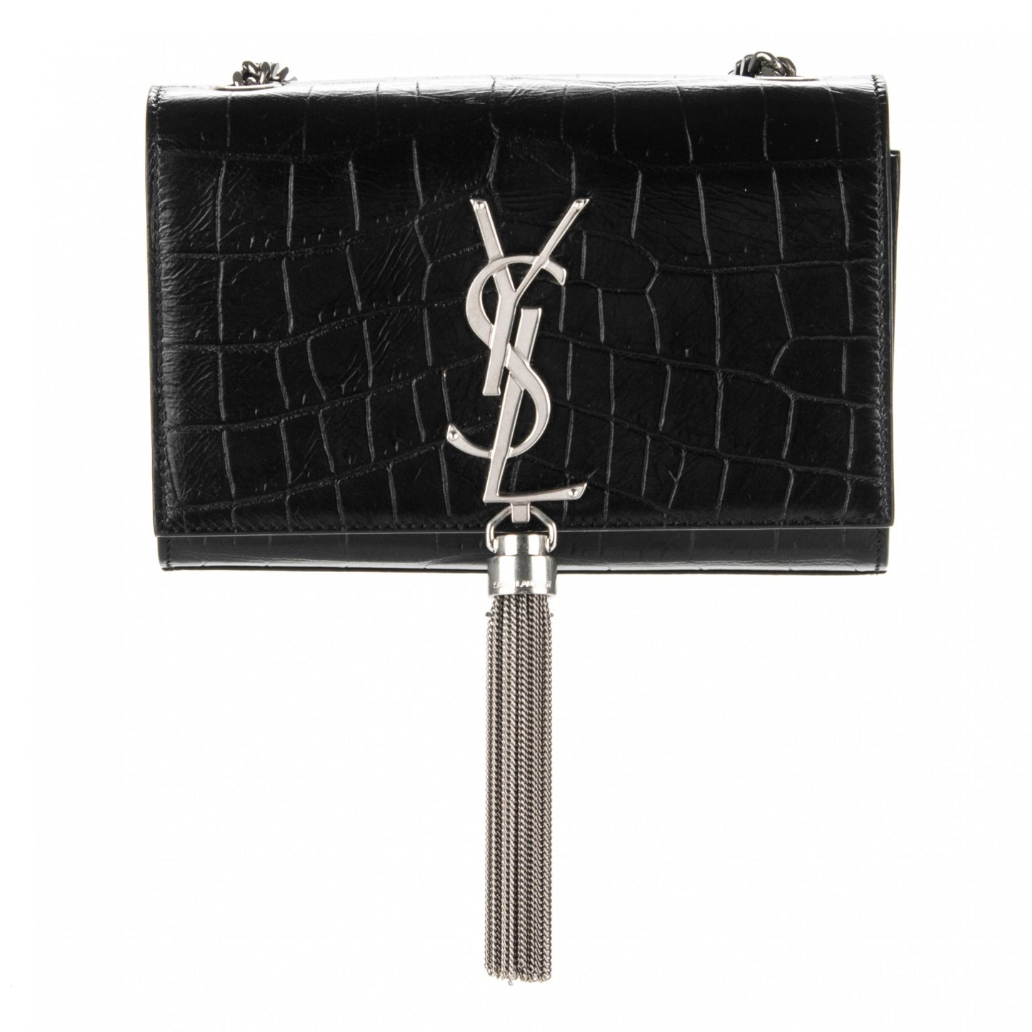 Calfskin Crocodile Embossed Small Classic Monogram Tassel Satchel Black