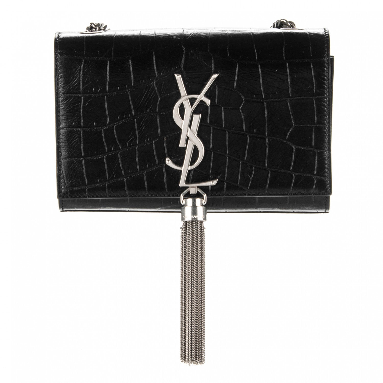 Saint Laurent Calfskin Crocodile Embossed Small Classic Monogram Tassel Satchel Black 1 of 6