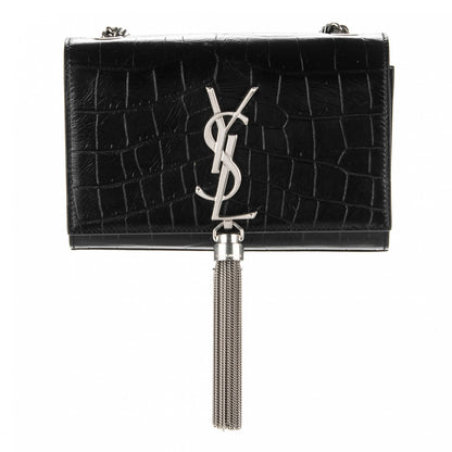 Saint Laurent Calfskin Crocodile Embossed Small Classic Monogram Tassel Satchel Black 1 of 6