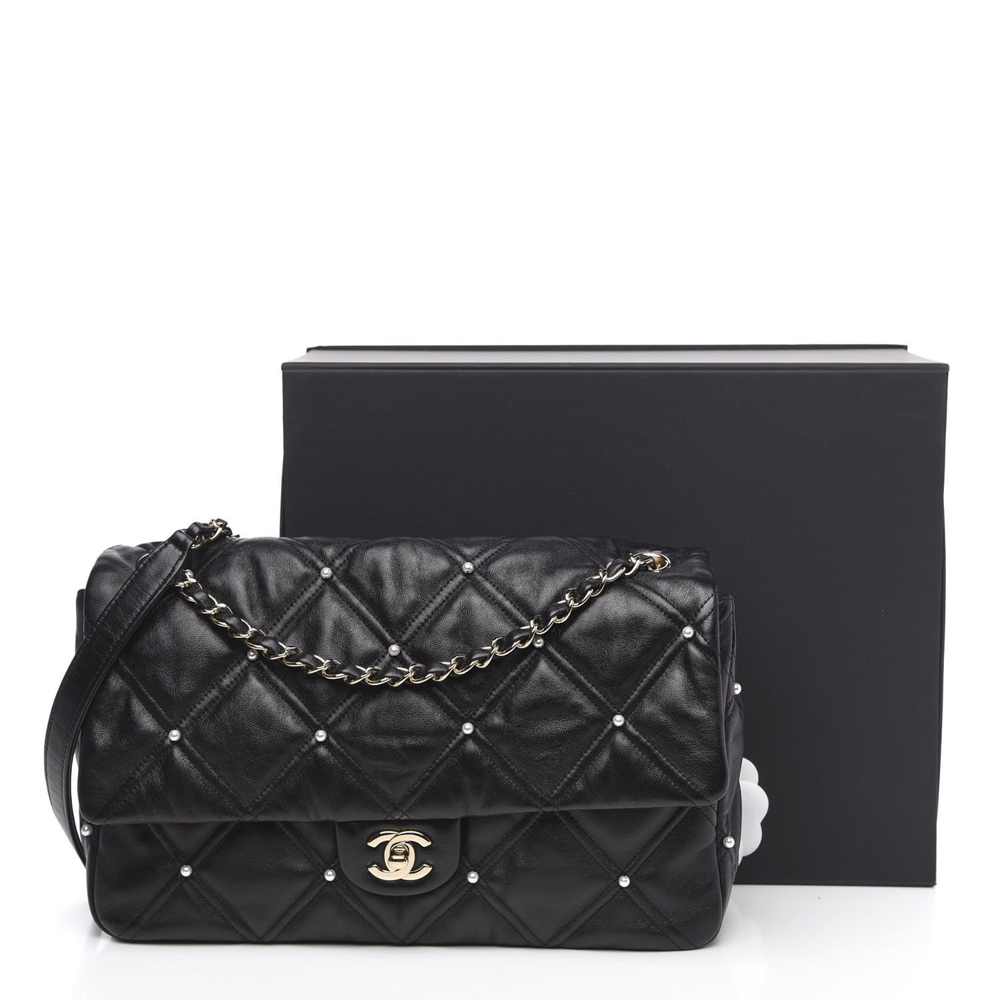Lambskin Quilted Pearl Studded Flap Black
