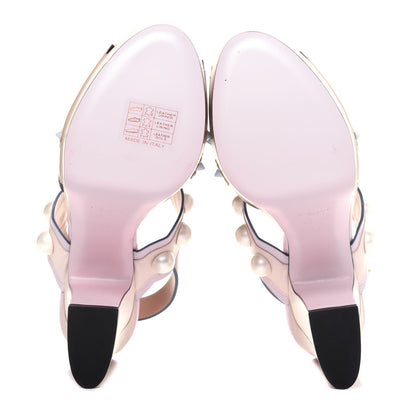 Fendi Calfskin Scalloped Pearl Studded Flower Embellished Platform Sandals 35 Beige Multicolor 5 of 14