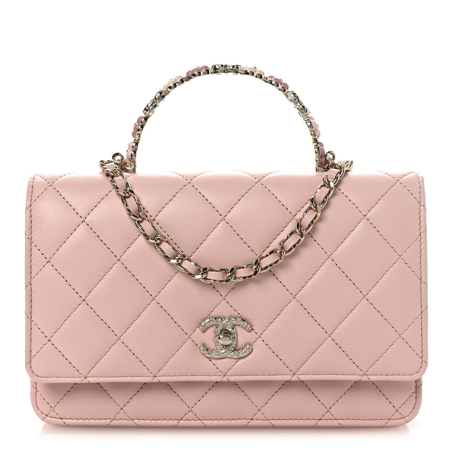 Lambskin Quilted Metal Enamel Flower Top Handle Wallet On Chain WOC Light Pink