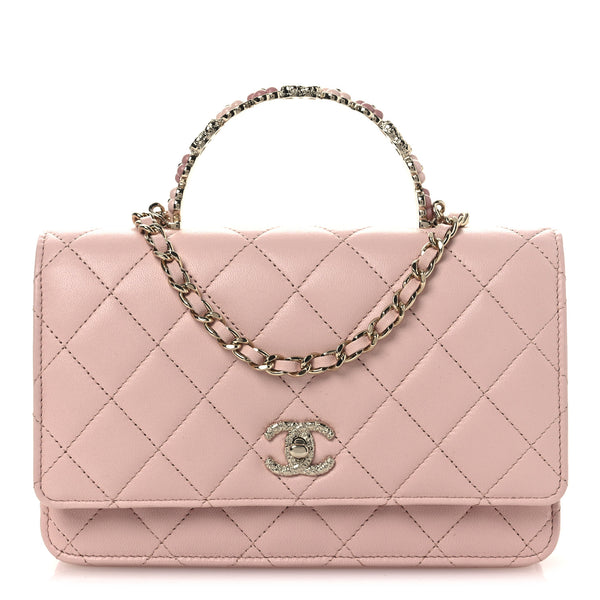Chanel Lambskin Quilted Metal Enamel Flower Top Handle Wallet On
