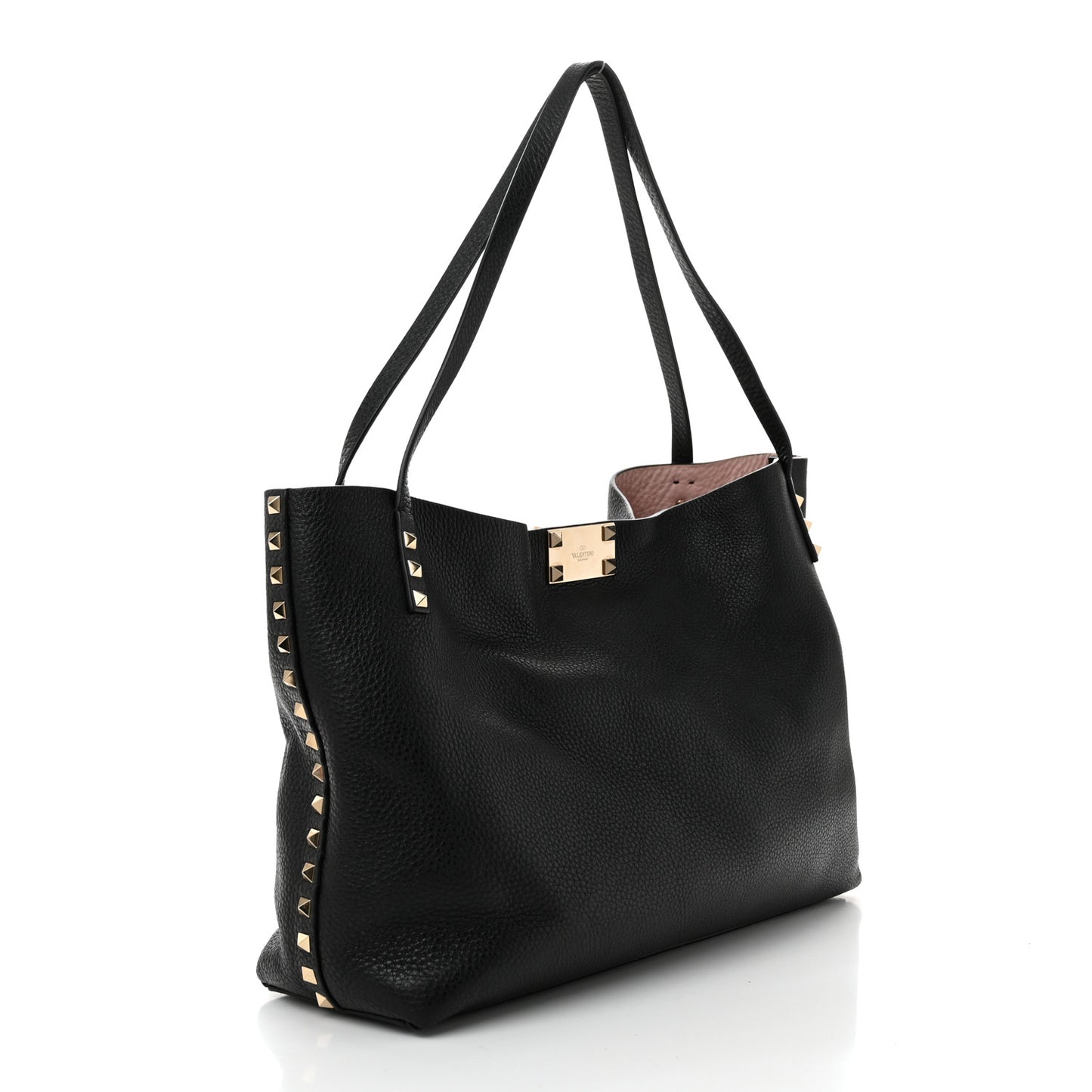 Grained Calfskin Rockstud Flip Lock Tote Black Rose Quartz
