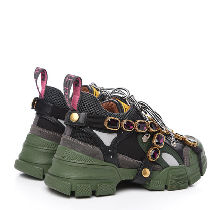 Gucci X SEGA Mesh Suede Calfskin Removable Crystals Flashtrek Sneakers 36 Loess Black Olive Green 4 of 9