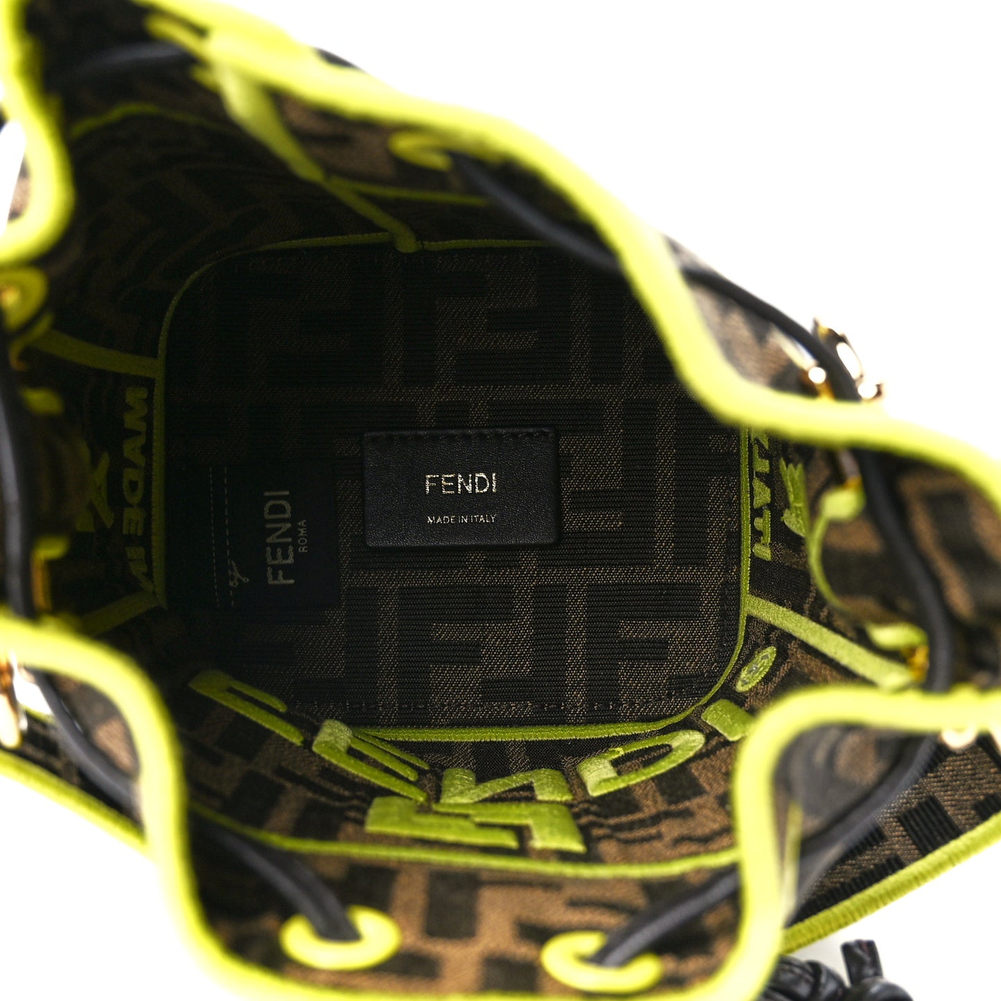 Fabric Jacquard Shiny Nappa FF 1974 Logo Threaded Edge Mini Mon Tresor Bucket Bag Tobacco Moro Giallo Fluo
