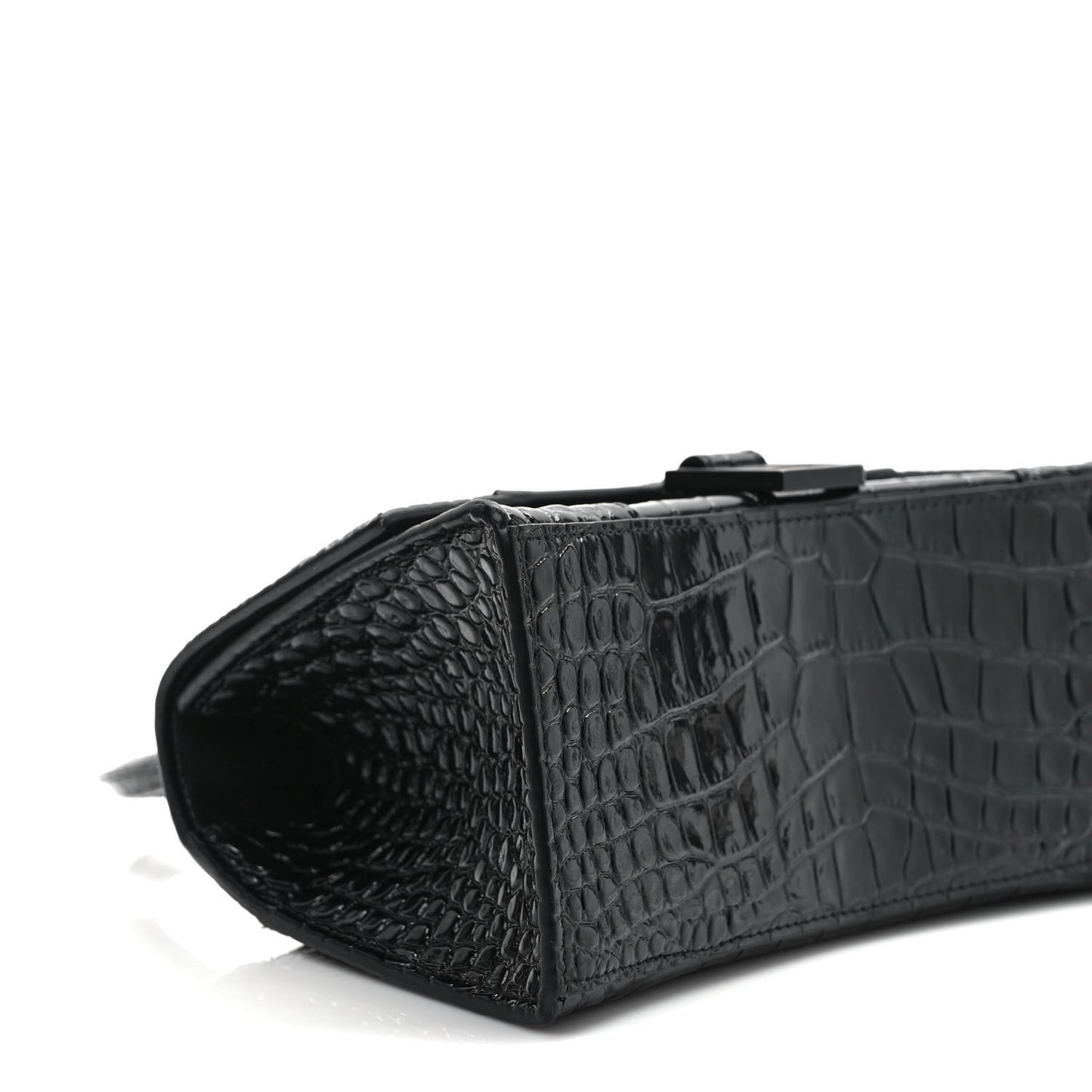 Shiny Calfskin Monochrome Crocodile Embossed Small Hourglass Top Handle Bag Black