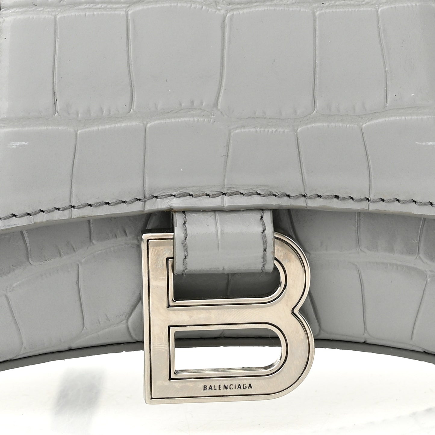 Shiny Calfskin Crocodile Embossed Hourglass Top Handle Bag XS Balenciaga Grey