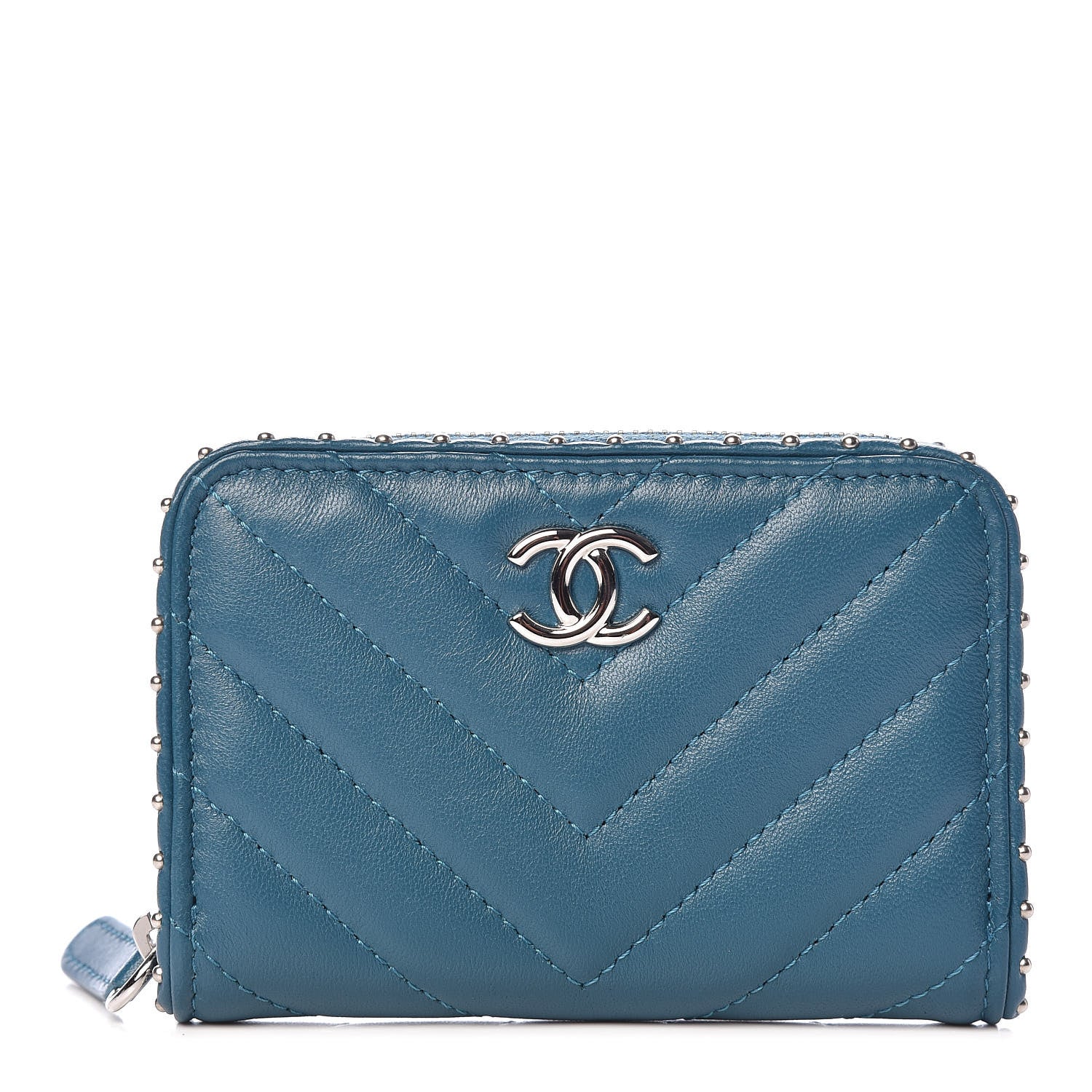 Chanel Lambskin Chevron Studded Zip Around Coin Purse Wallet Blue 1 of 8