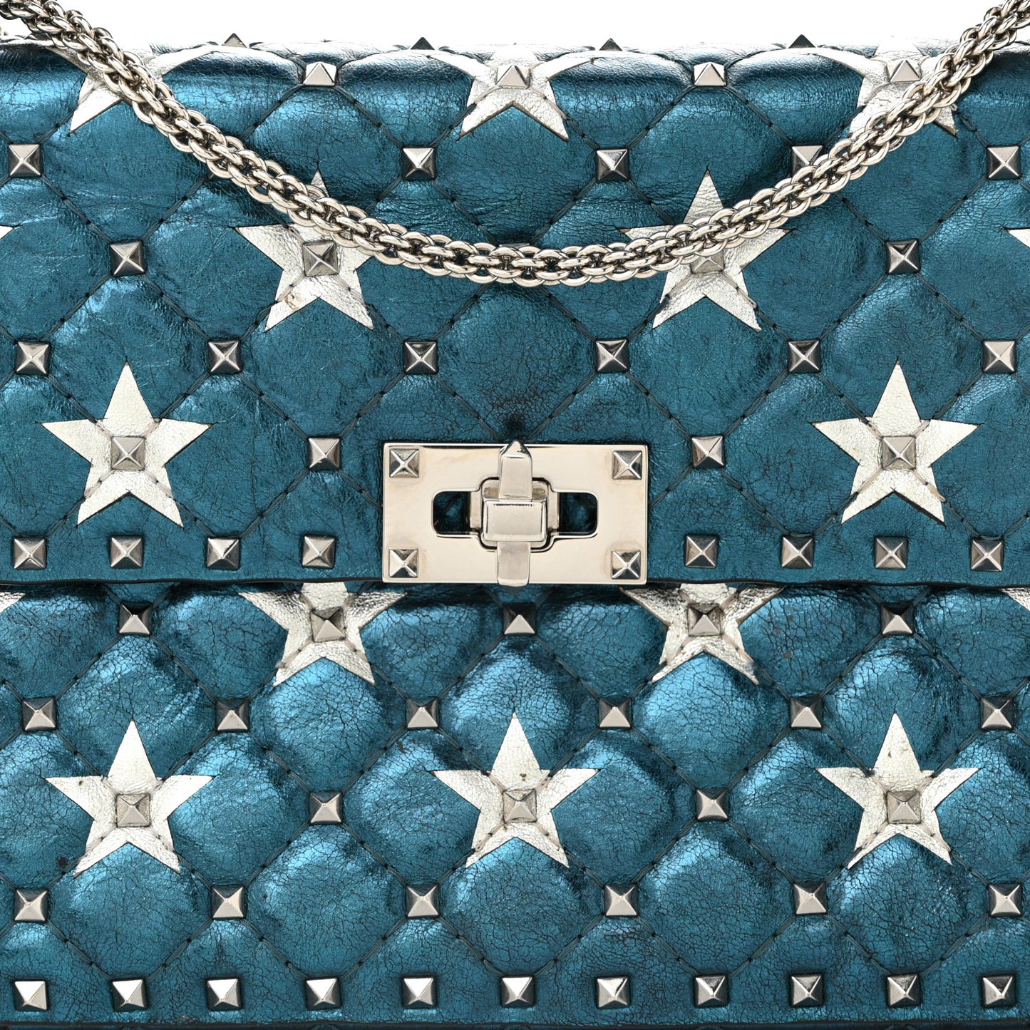 Metallic Wrinkled Lambskin Star Medium Rockstud Spike Shoulder Bag Peacock