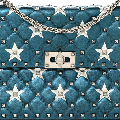 Valentino Garavani Metallic Wrinkled Lambskin Star Medium Rockstud Spike Shoulder Bag Peacock 7 of 9