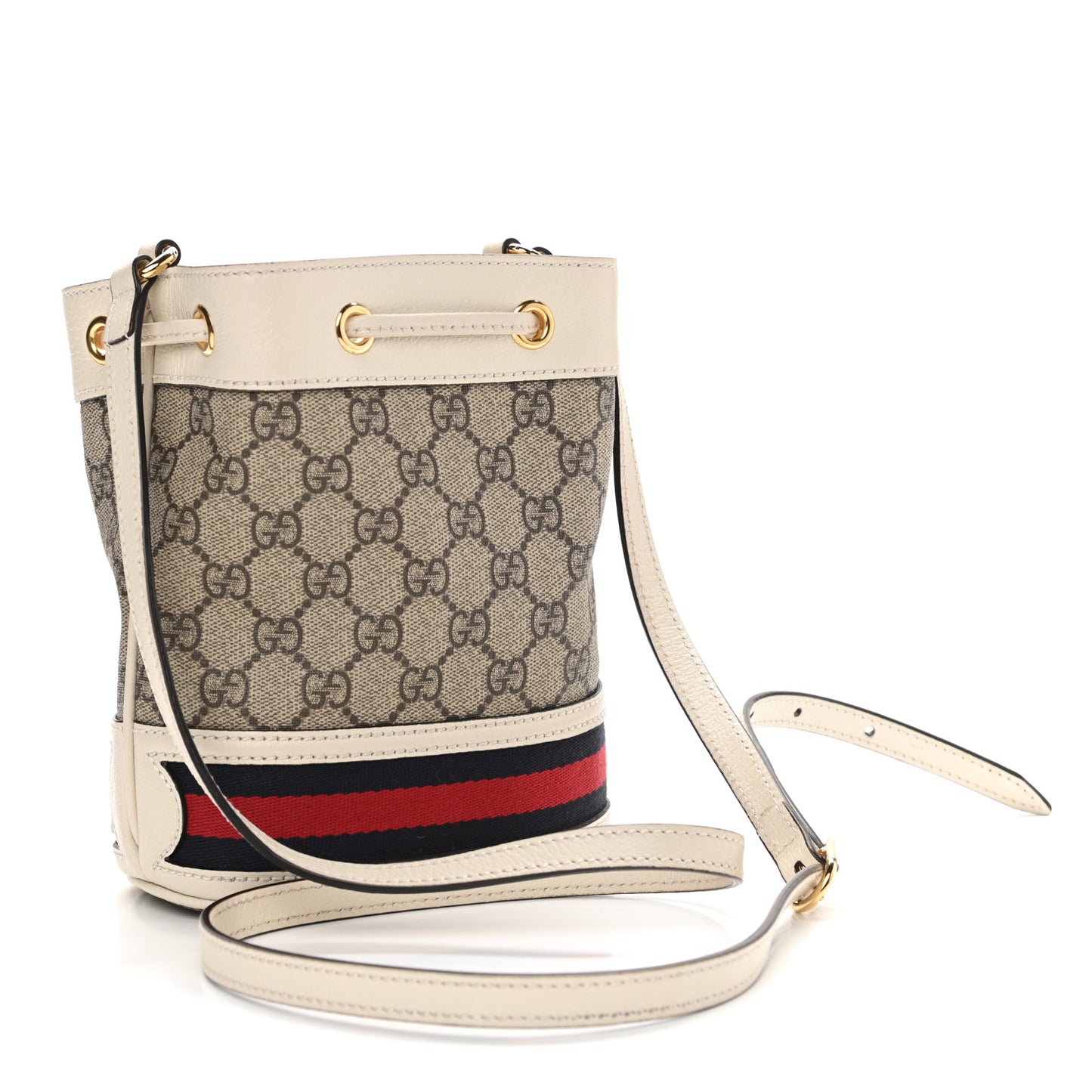 GG Supreme Monogram Textured Calfskin Web Mini Ophidia Bucket Bag Beige Ebony Mystic White