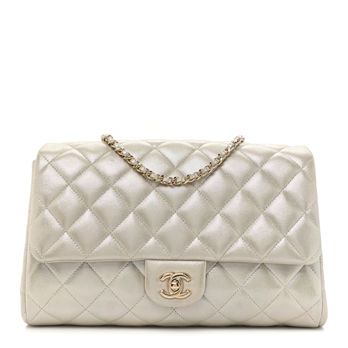 Iridescent Calfskin Quilted Clutch With Chain Flap Light Gold