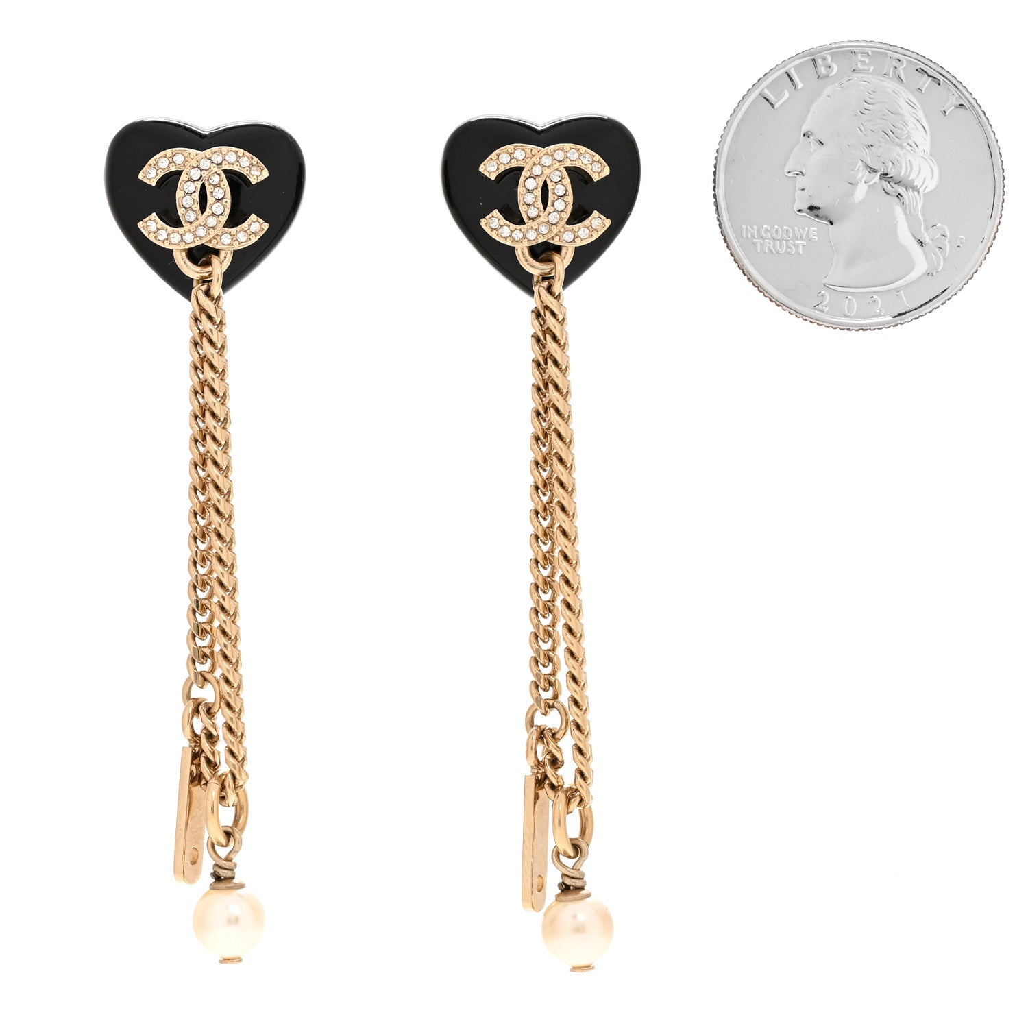 Chanel Resin Crystal Pearl CC Heart Chain Earrings Black Gold 2 of 4