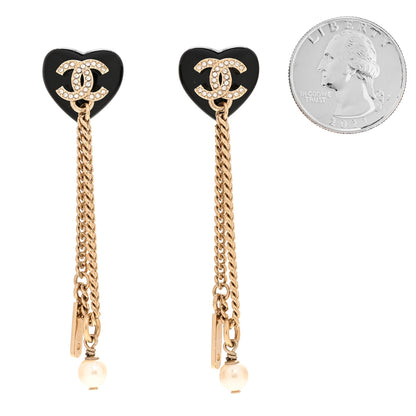 Chanel Resin Crystal Pearl CC Heart Chain Earrings Black Gold 2 of 4