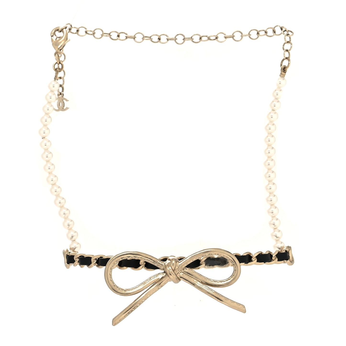 Calfskin Pearl Metal CC Bow Choker Necklace Gold White Black