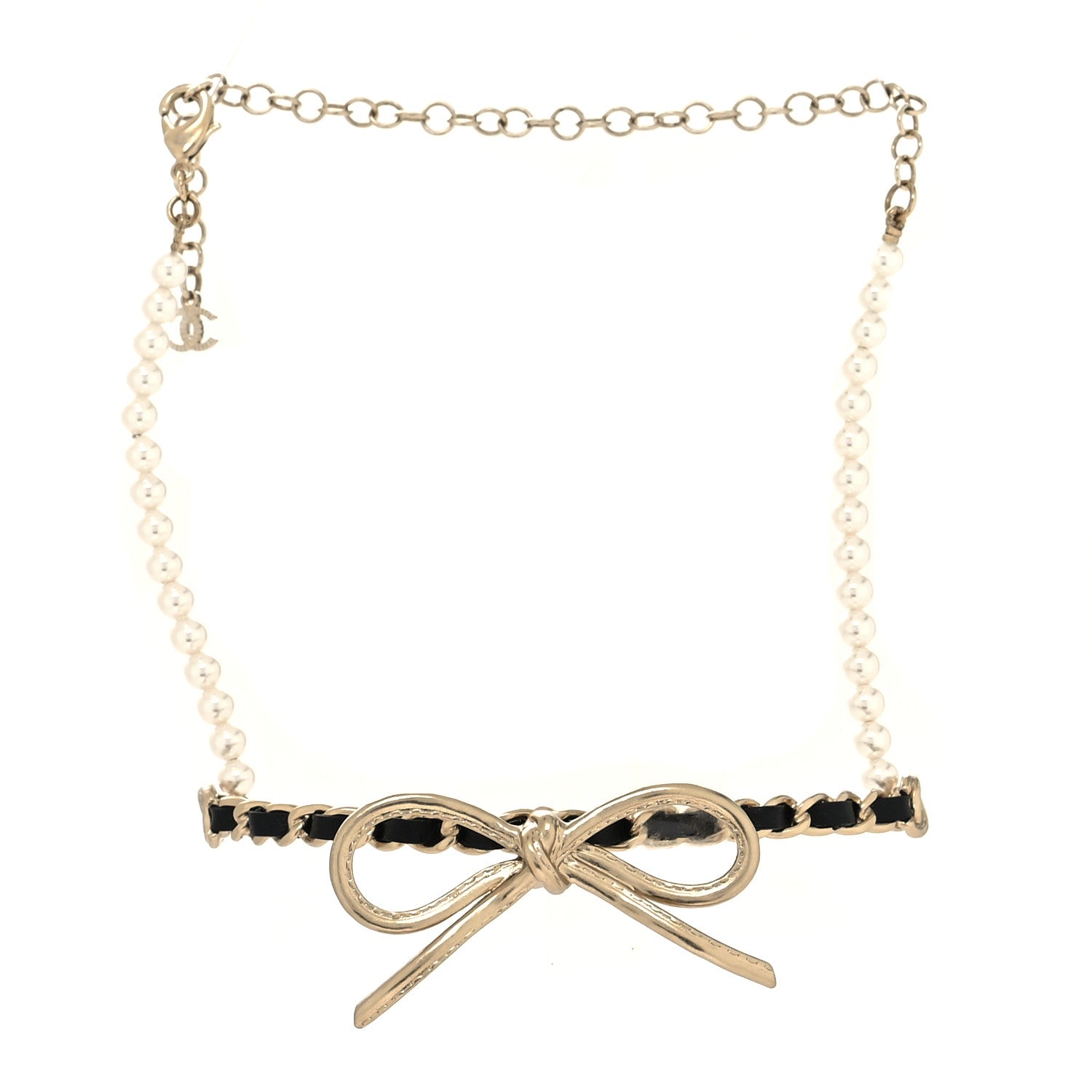 Chanel Calfskin Pearl Metal CC Bow Choker Necklace Gold White Black 3 of 5
