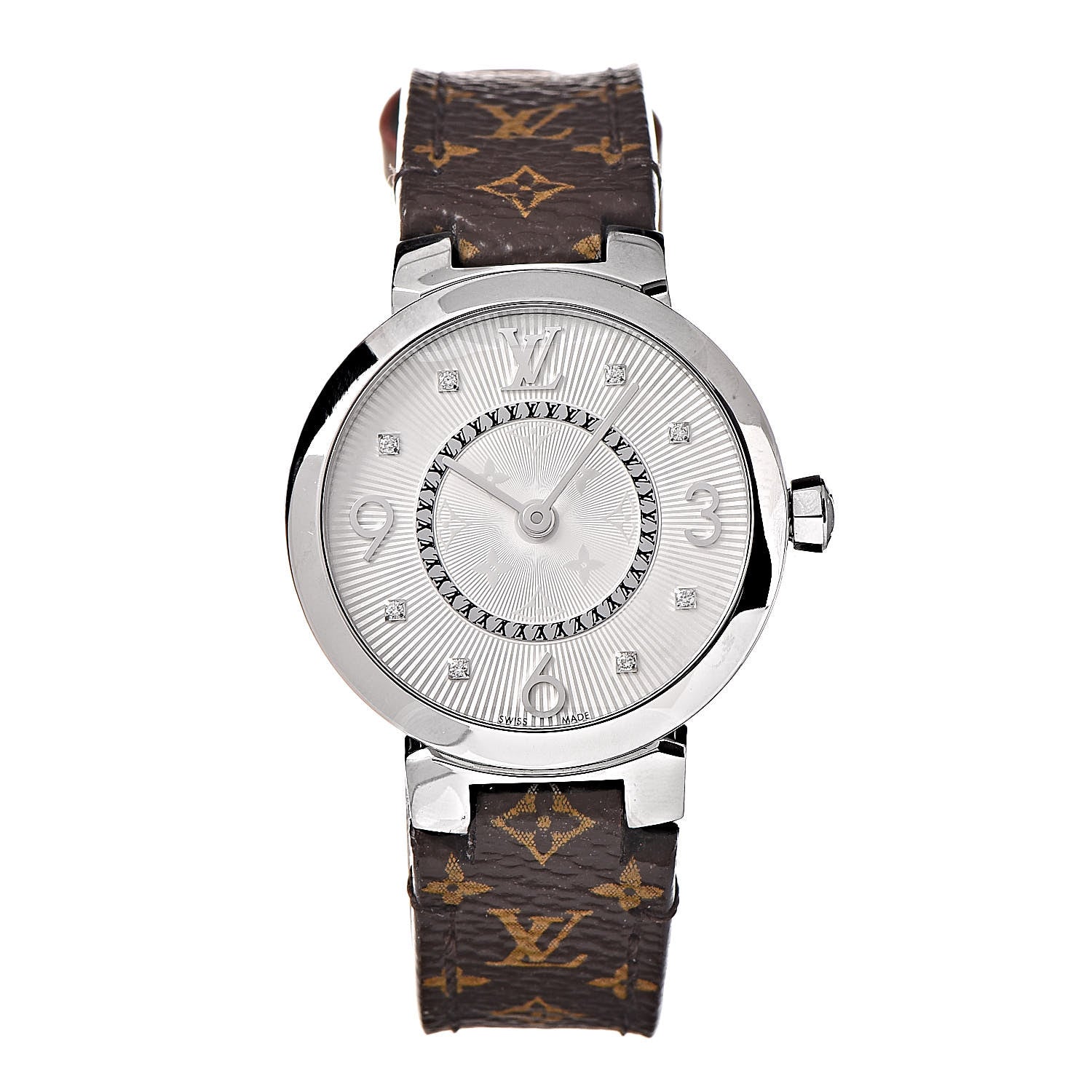 Louis Vuitton Stainless Steel Monogram Diamond 28mm Tambour Slim Quartz Watch 1 of 10