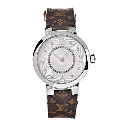 Louis Vuitton Stainless Steel Monogram Diamond 28mm Tambour Slim Quartz Watch 1 of 10