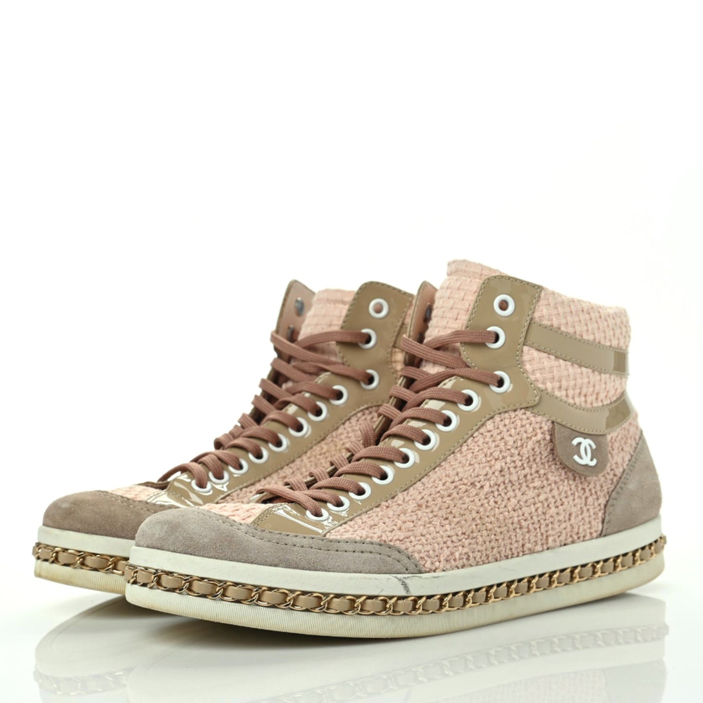 Tweed Suede Chain CC High Top Sneakers 40 Pink