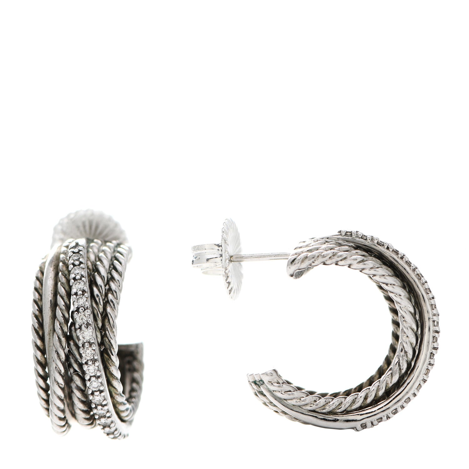David Yurman Sterling Silver Diamond 10mm Crossover Cable Hoop Earrings 1 of 4
