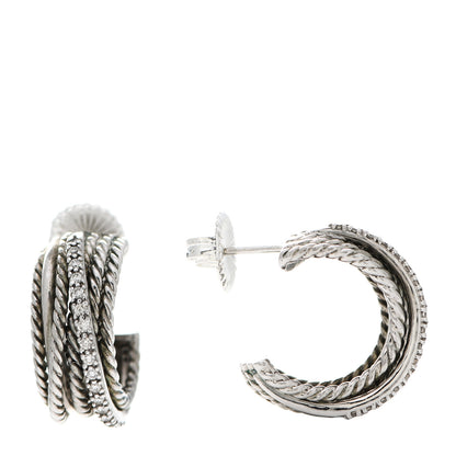 David Yurman Sterling Silver Diamond 10mm Crossover Cable Hoop Earrings 1 of 4