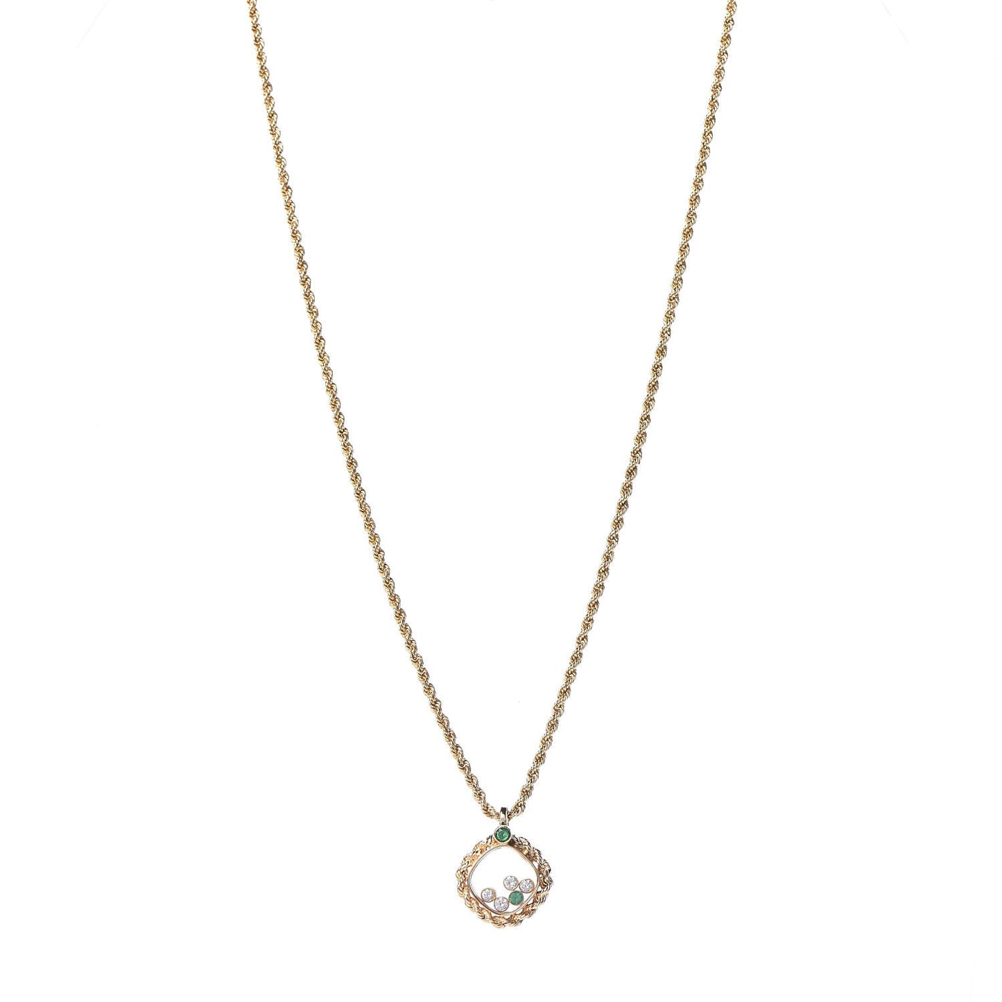18K Yellow Gold Diamond Emerald Happy Diamonds Pendant Necklace