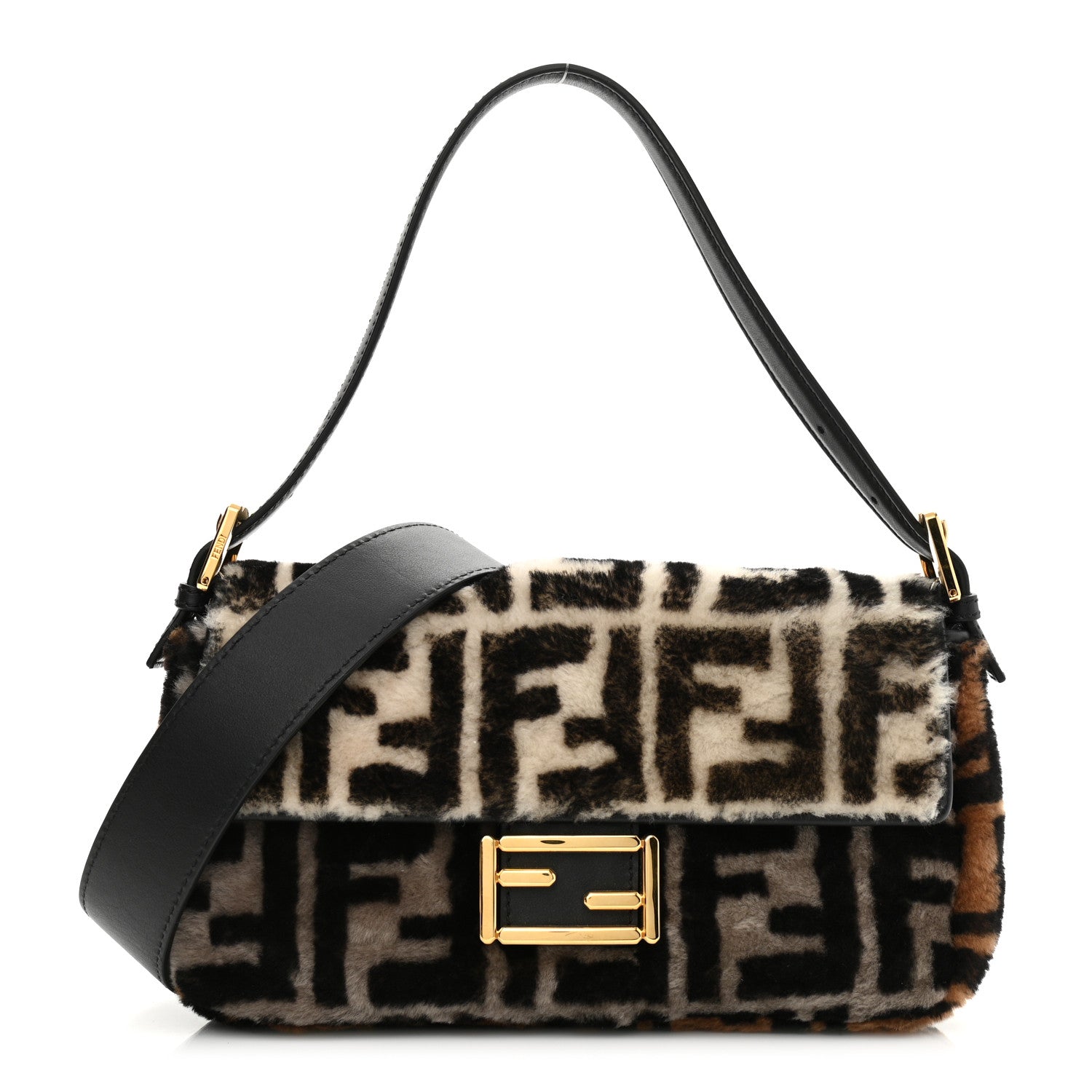 Fendi Shearling Vitello Dolce Macro FF 1974 Baguette White Ice Tortora Tobacco 1 of 11