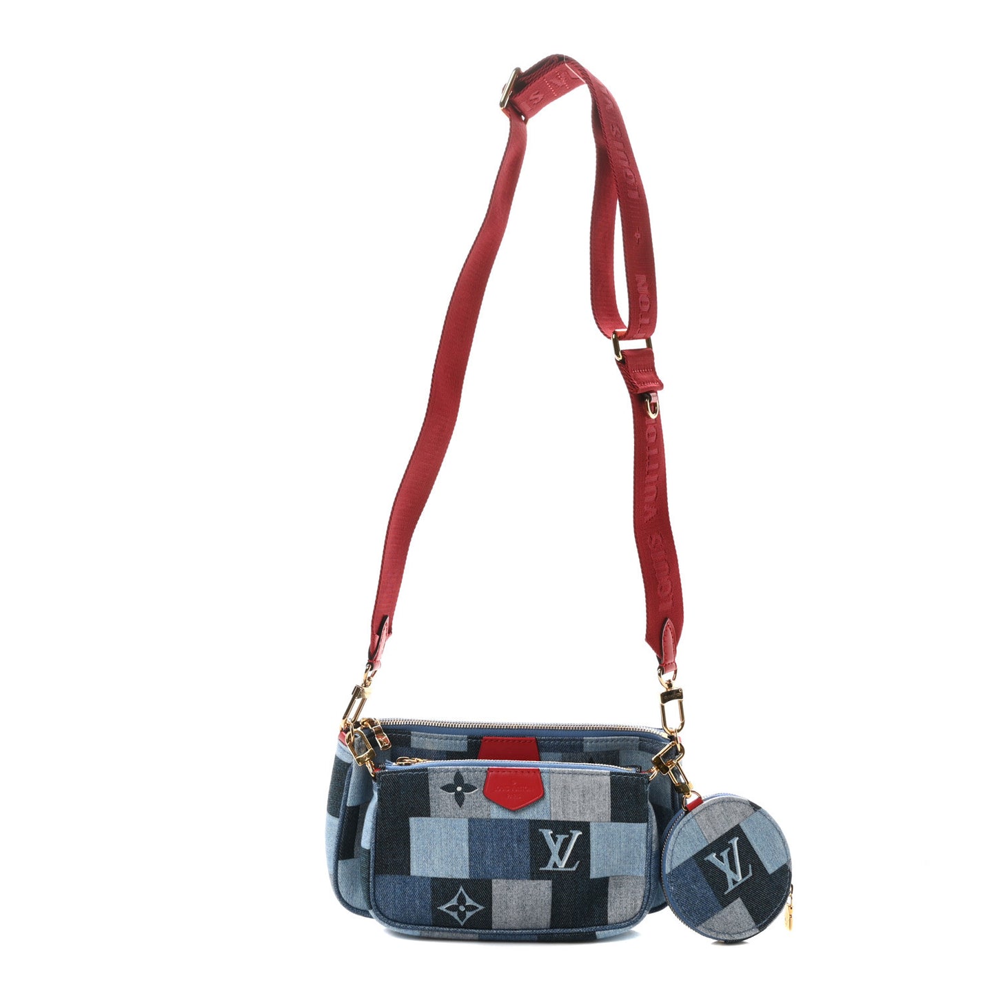 Denim Damier Monogram Patchwork Multi Pochette Accessories Blue Rouge
