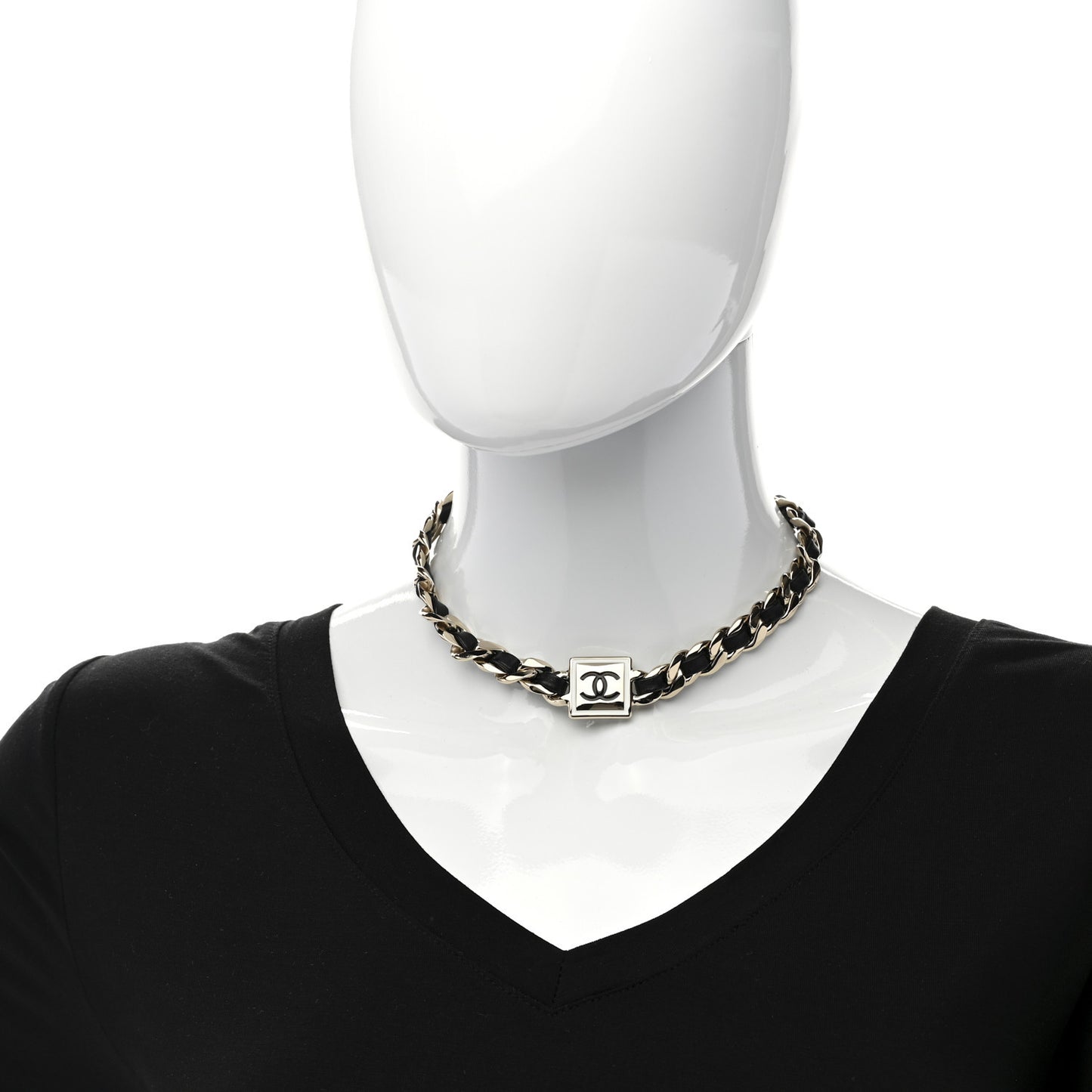Metal Lambskin CC Square Choker Gold Black White