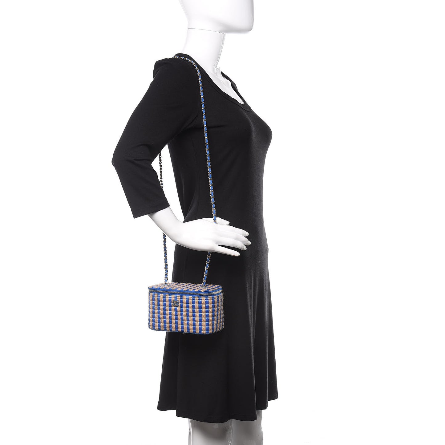 Raffia Jute Striped Small Vanity Case With Chain Blue Beige