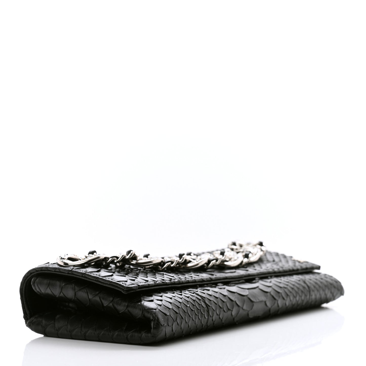 Snakeskin Baguette Crystal Clutch Black