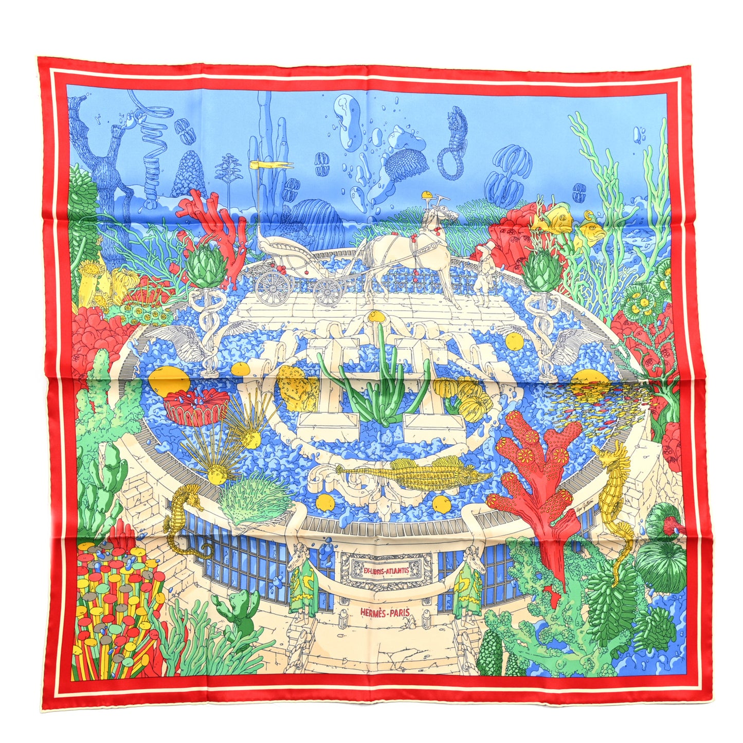 Vintage Silk Ex Libris Atlantis Scarf 70 Bleu Ocean Vert