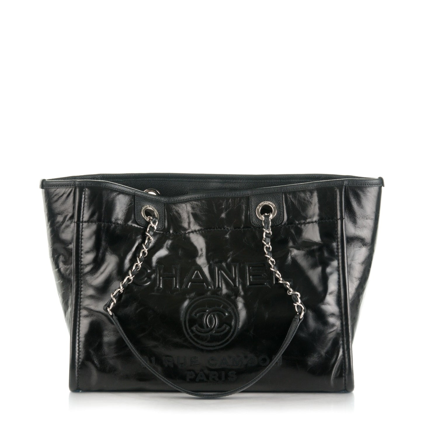 Glazed Calfskin Small Deauville Tote Black
