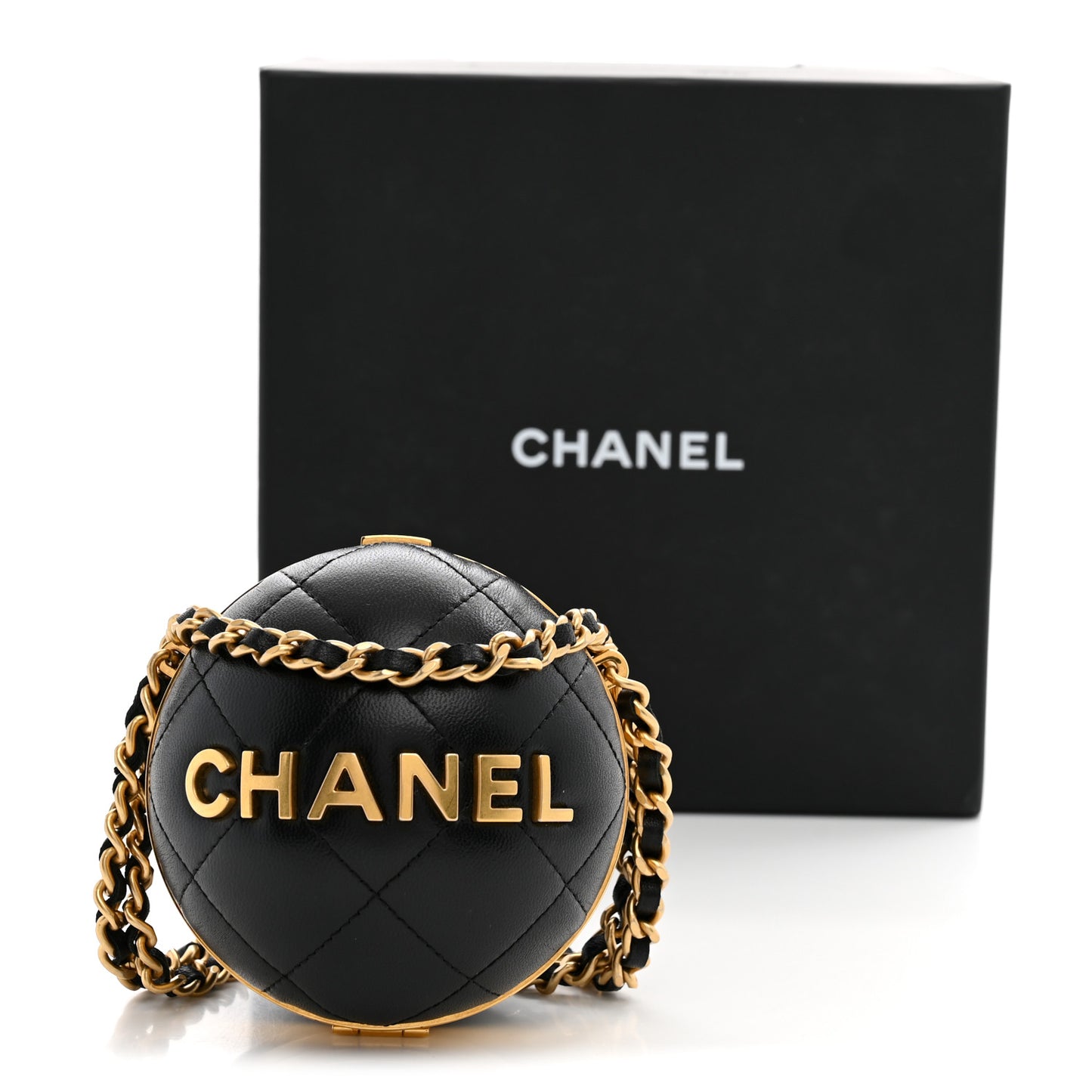 Lambskin Quilted Sphere Minaudiere Chain Clutch Black