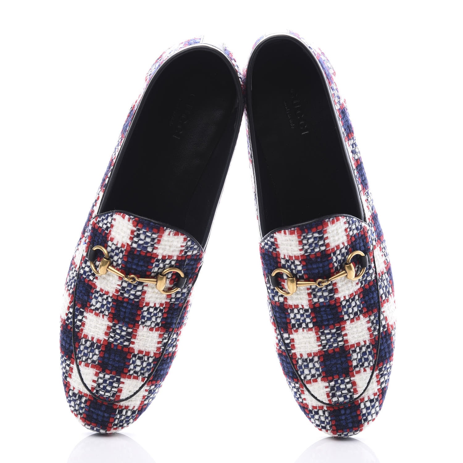 Gucci Vintage Tweed Check Horsebit Womens Jordaan Loafers 39 White Hibiscus Red Marine 6 of 11