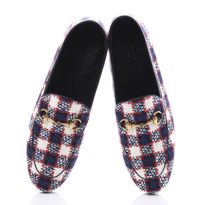 Gucci Vintage Tweed Check Horsebit Womens Jordaan Loafers 39 White Hibiscus Red Marine 6 of 11