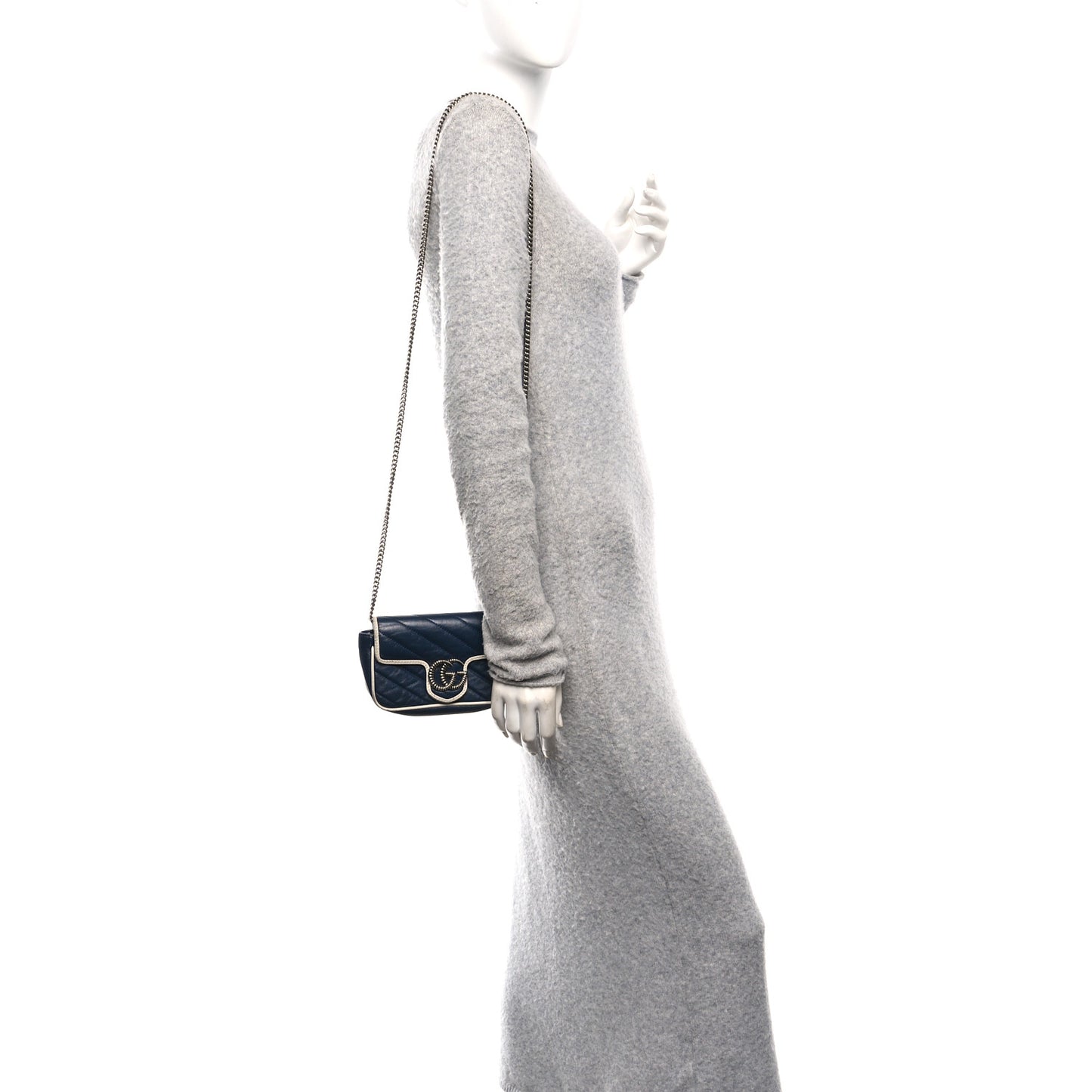 Vintage Effect Calfskin Matelasse Diagonal Super Mini Torchon GG Marmont Shoulder Bag Blue Agata Mystic White
