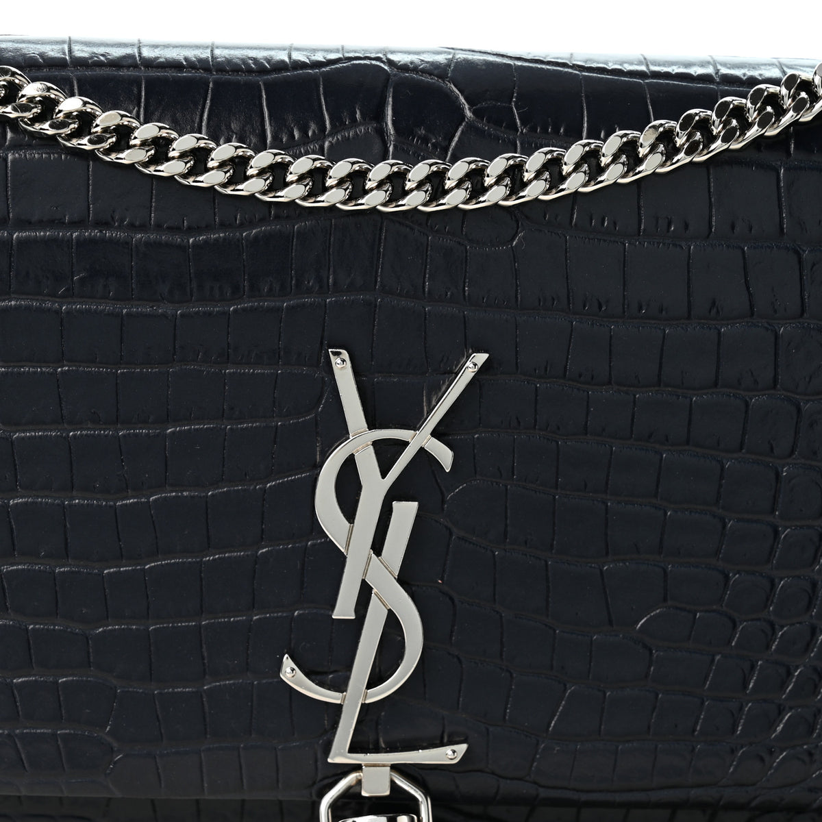 Calfskin Crocodile Embossed Kate Monogram Tassel Chain Wallet Deep Marine