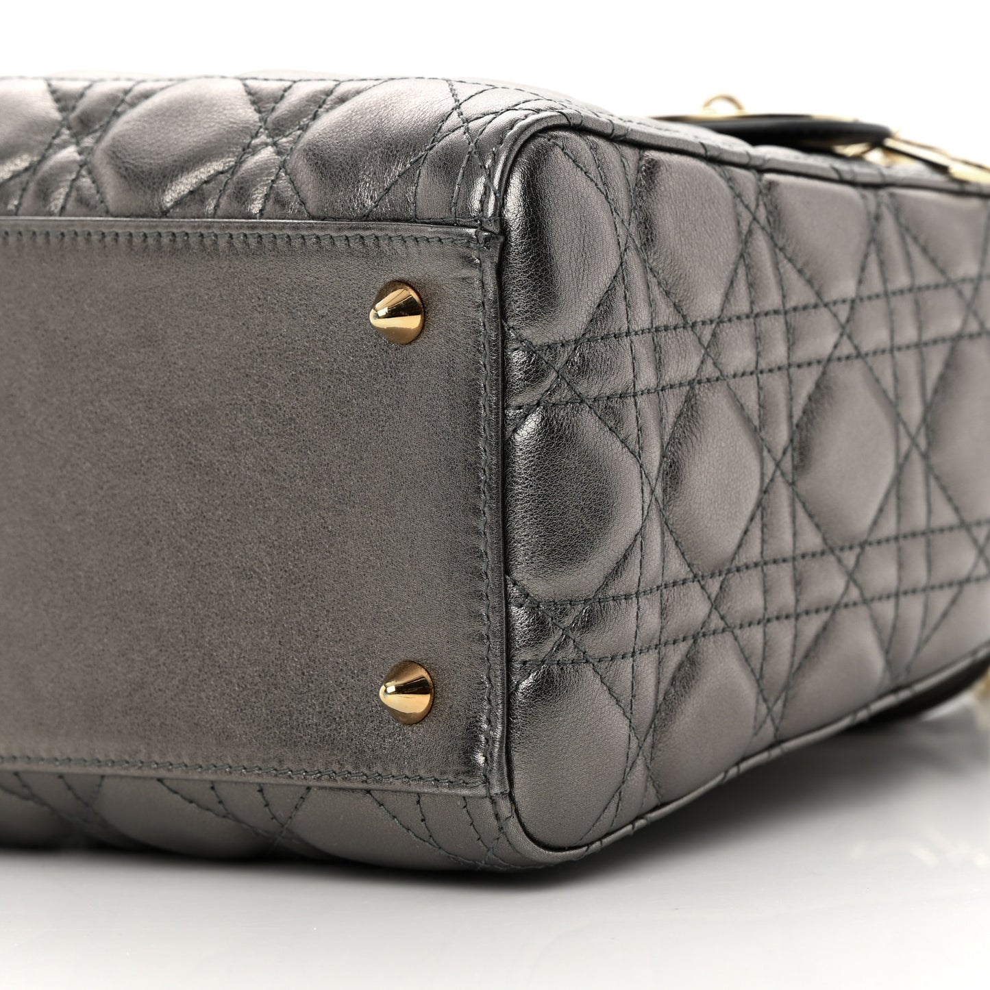 Metallic Calfskin Cannage Medium Lady Dior Gunmetal Grey