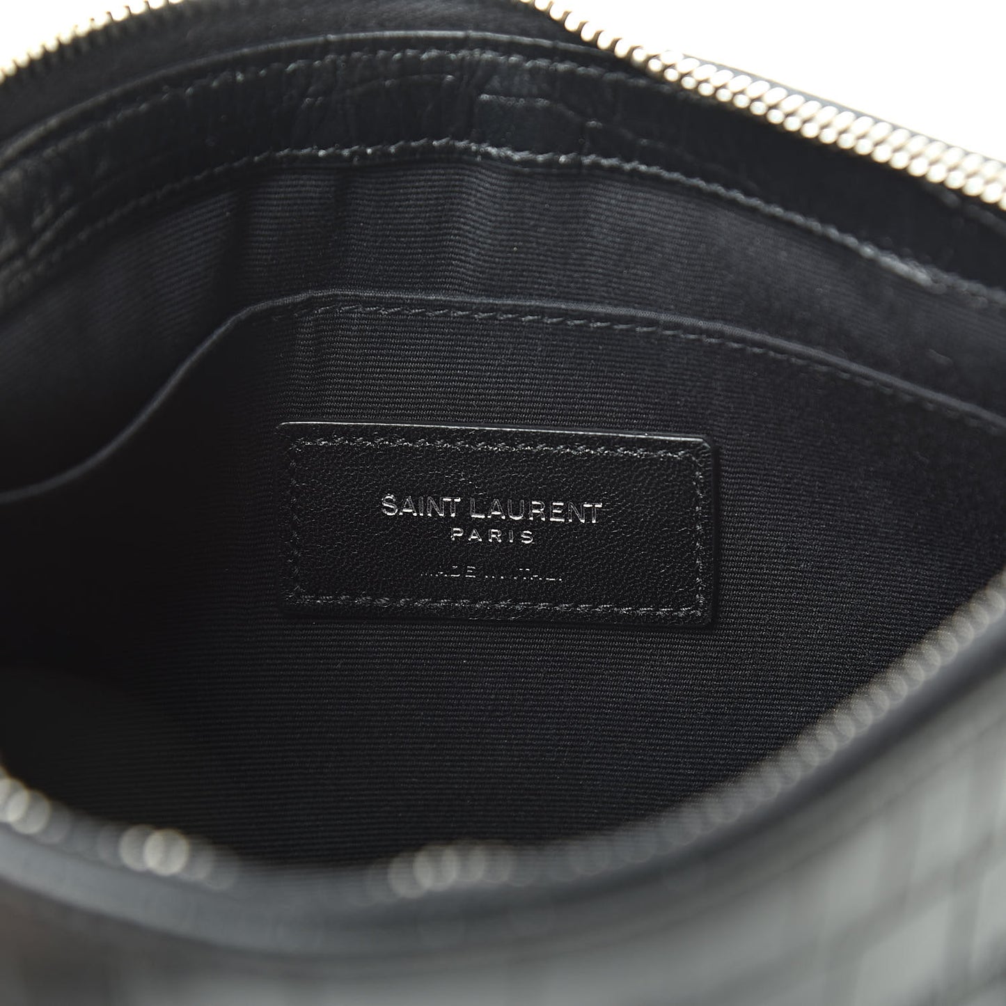 Calfskin Crocodile Embossed Monogram Zip Pouch Black