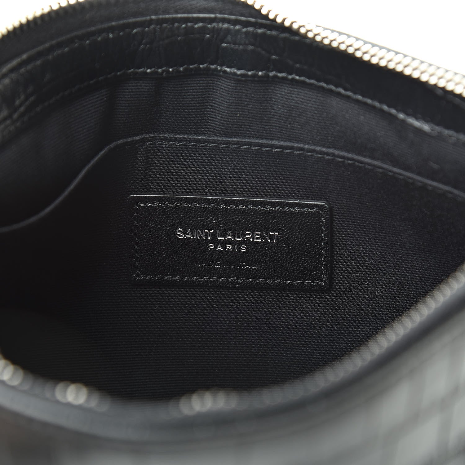 Saint Laurent Calfskin Crocodile Embossed Monogram Zip Pouch Black 6 of 8