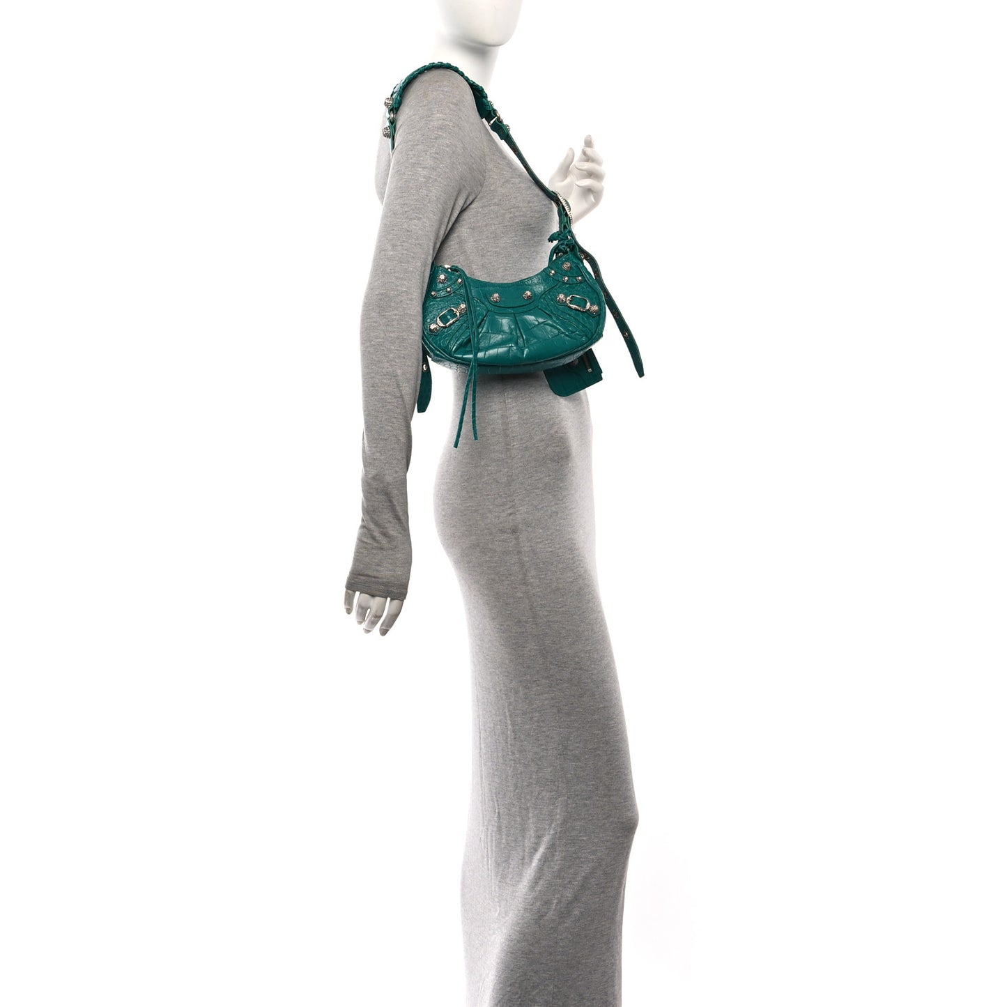 Extra Supple Calfskin Crystal Crocodile Embossed Le Cagole Shoulder Bag XS Jade