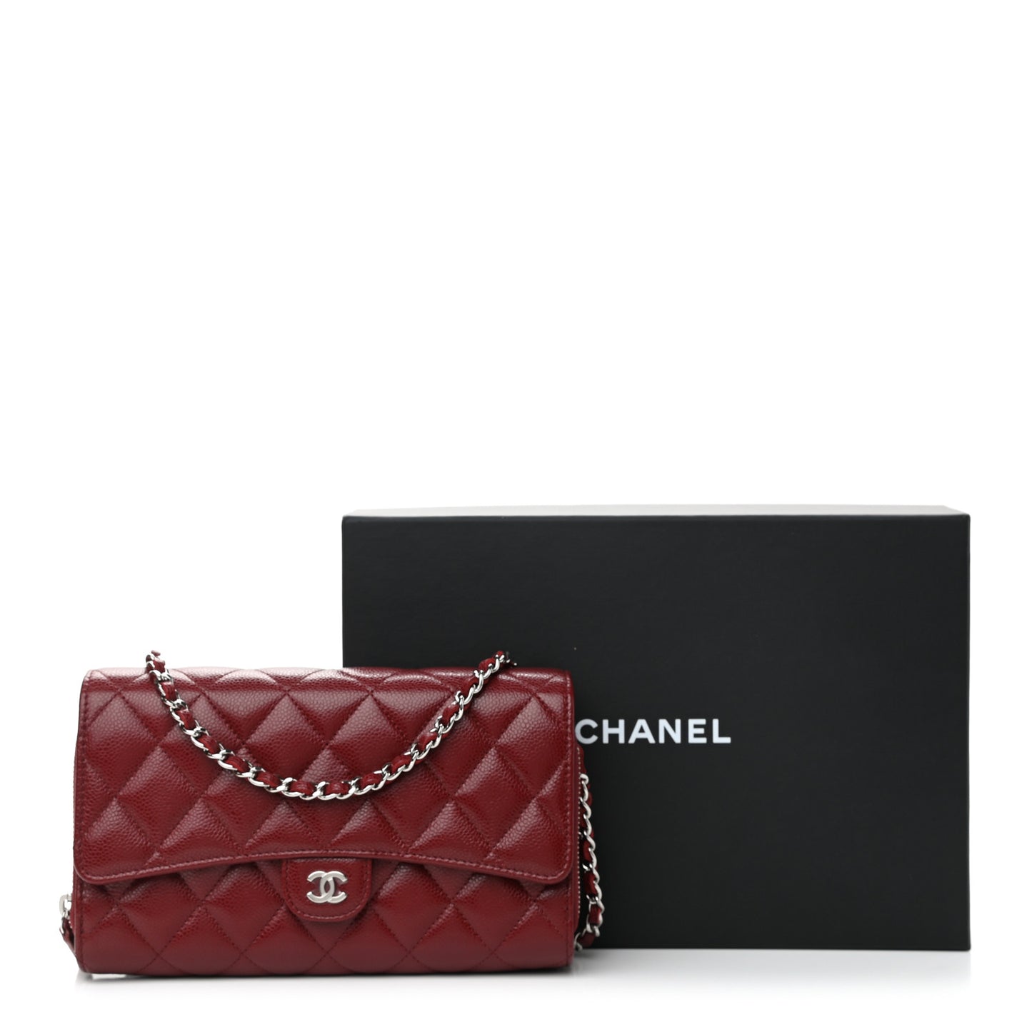 Caviar Quilted Phone Holder Wallet on Removable Chain Red