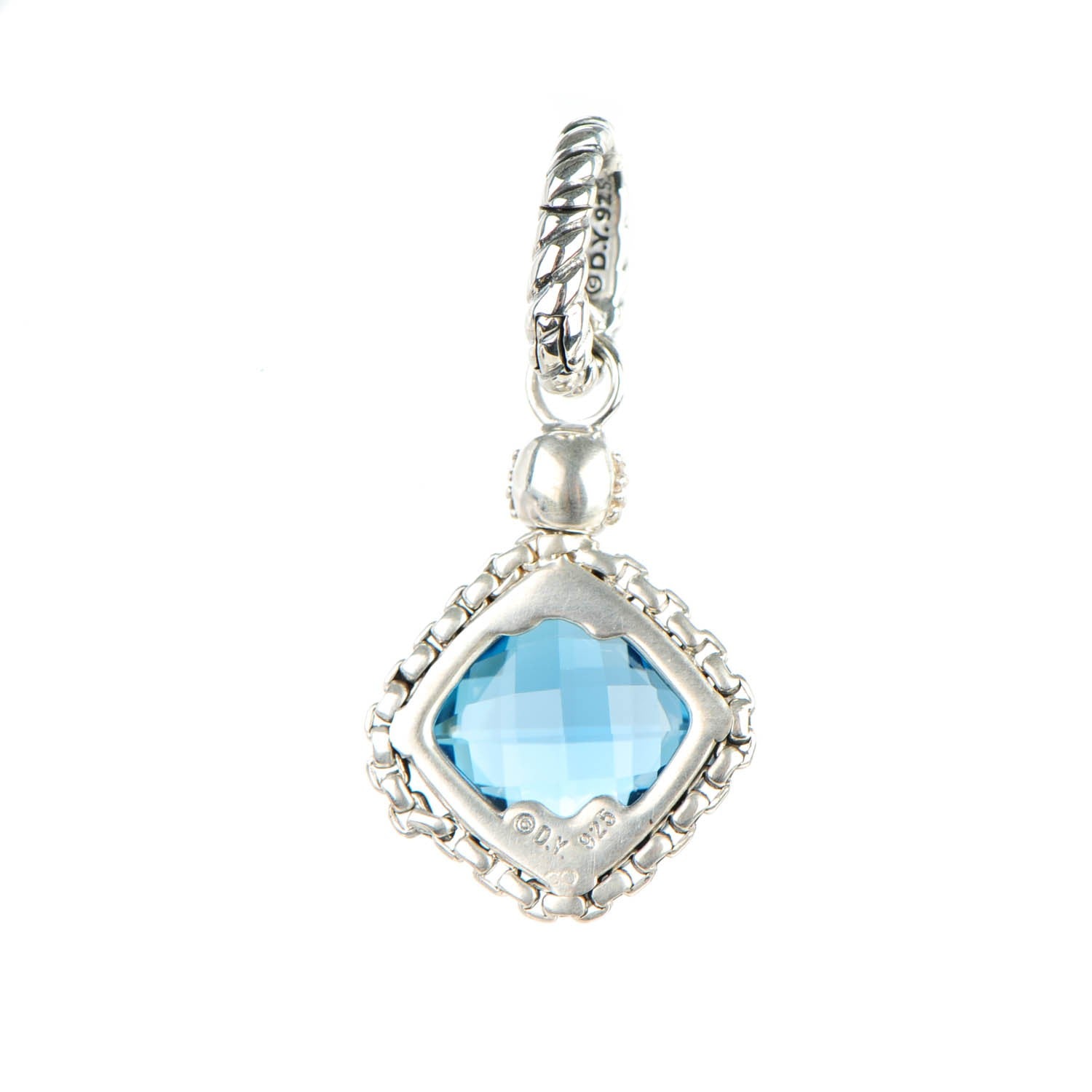 David Yurman Sterling Silver Pave Diamond Hampton Blue Topaz 11mm Cushion On Point Enhancer Pendant 3 of 4