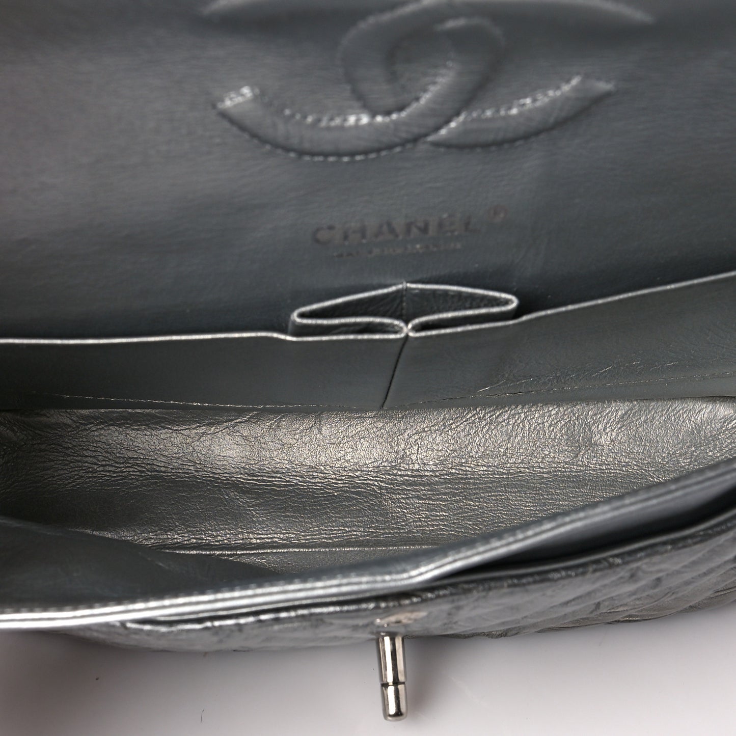 Metallic Patent Crumpled Calfskin Chevron Quilted Medium Double Flap Silver