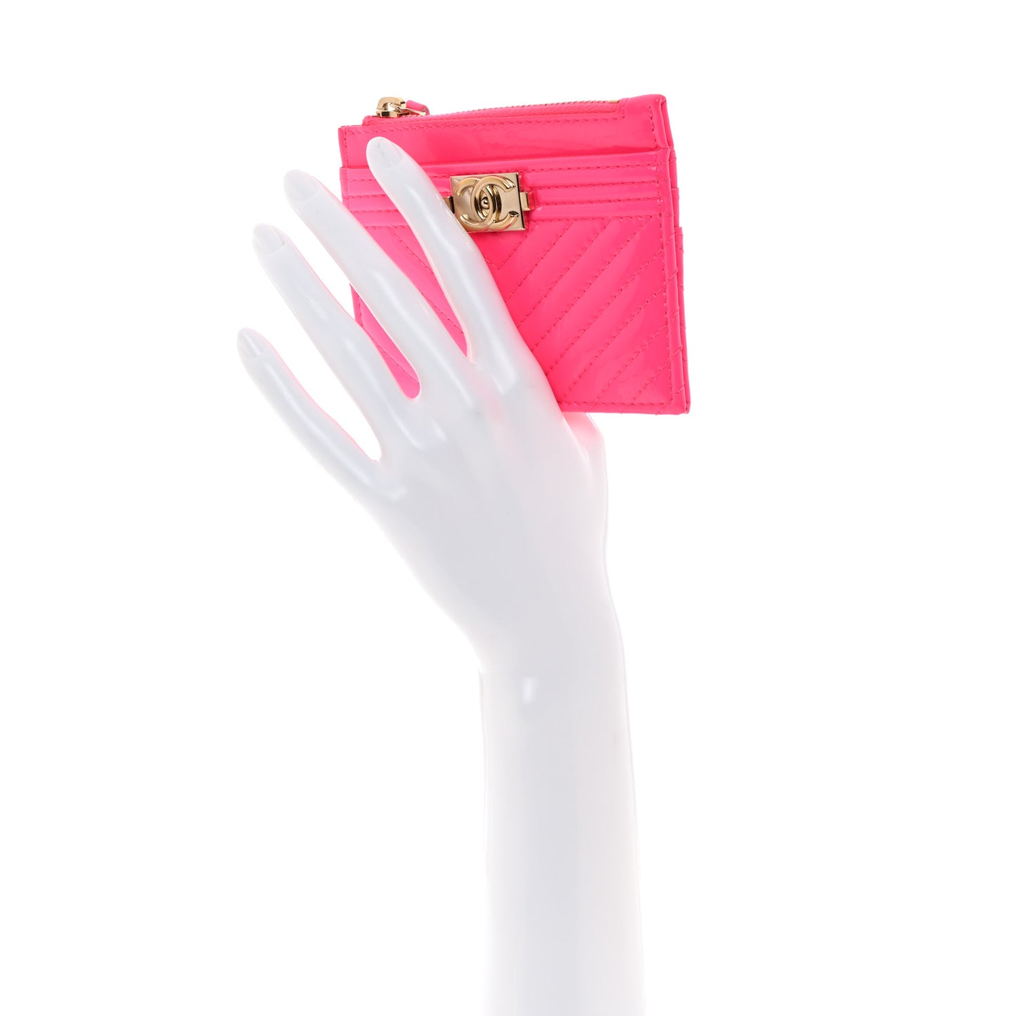Patent Chevron Quilted Boy Zip Card Holder Neon Pink