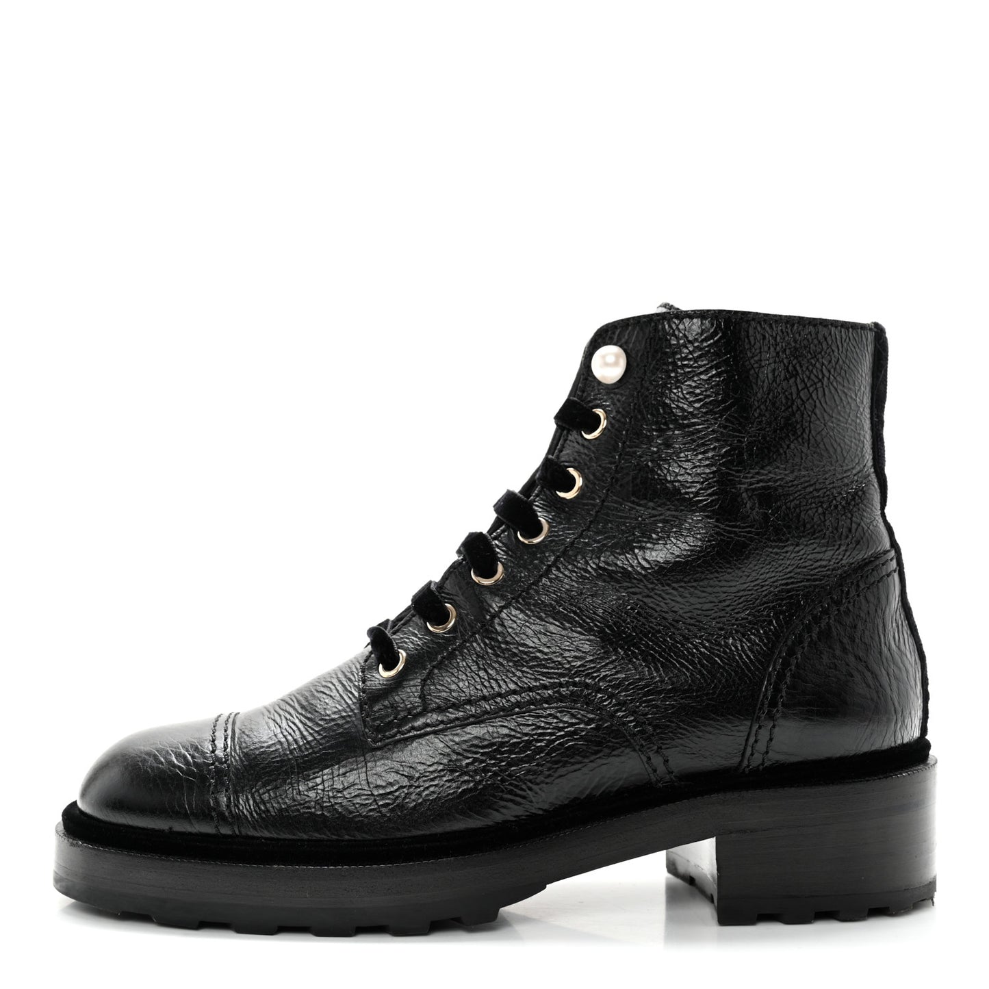 Shiny Calfskin Velvet Pearl Combat Short Boots 40 Black