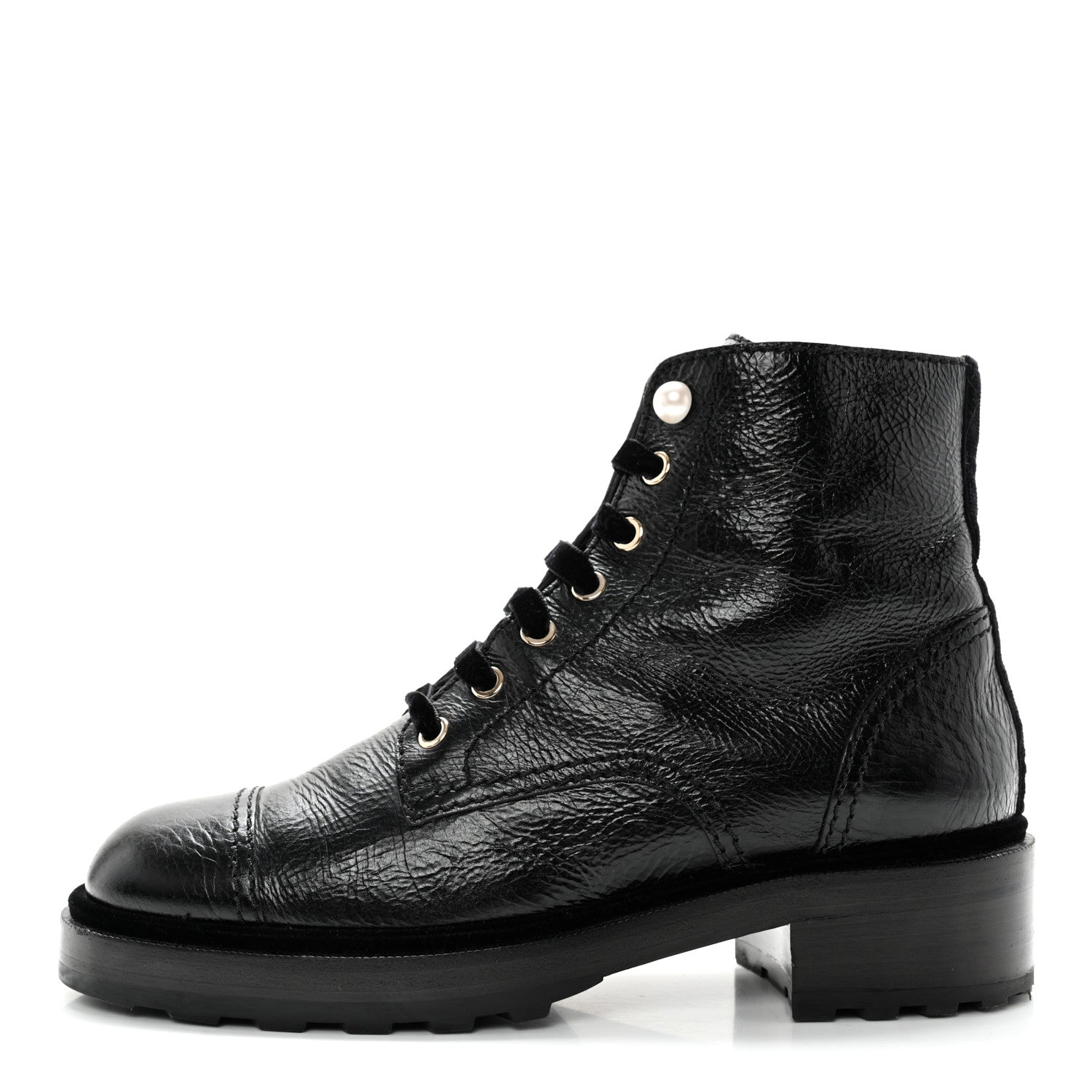 Chanel Shiny Calfskin Velvet Pearl Combat Short Boots 40 Black 1 of 13