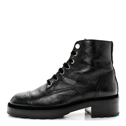Chanel Shiny Calfskin Velvet Pearl Combat Short Boots 40 Black 1 of 13
